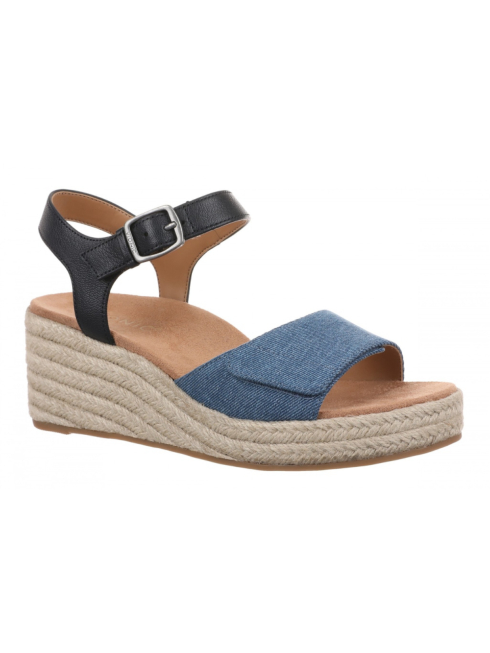 Vionic Sable Womens 11 Wide Denim Black Platform Espadrille Wedge Sandals NIB